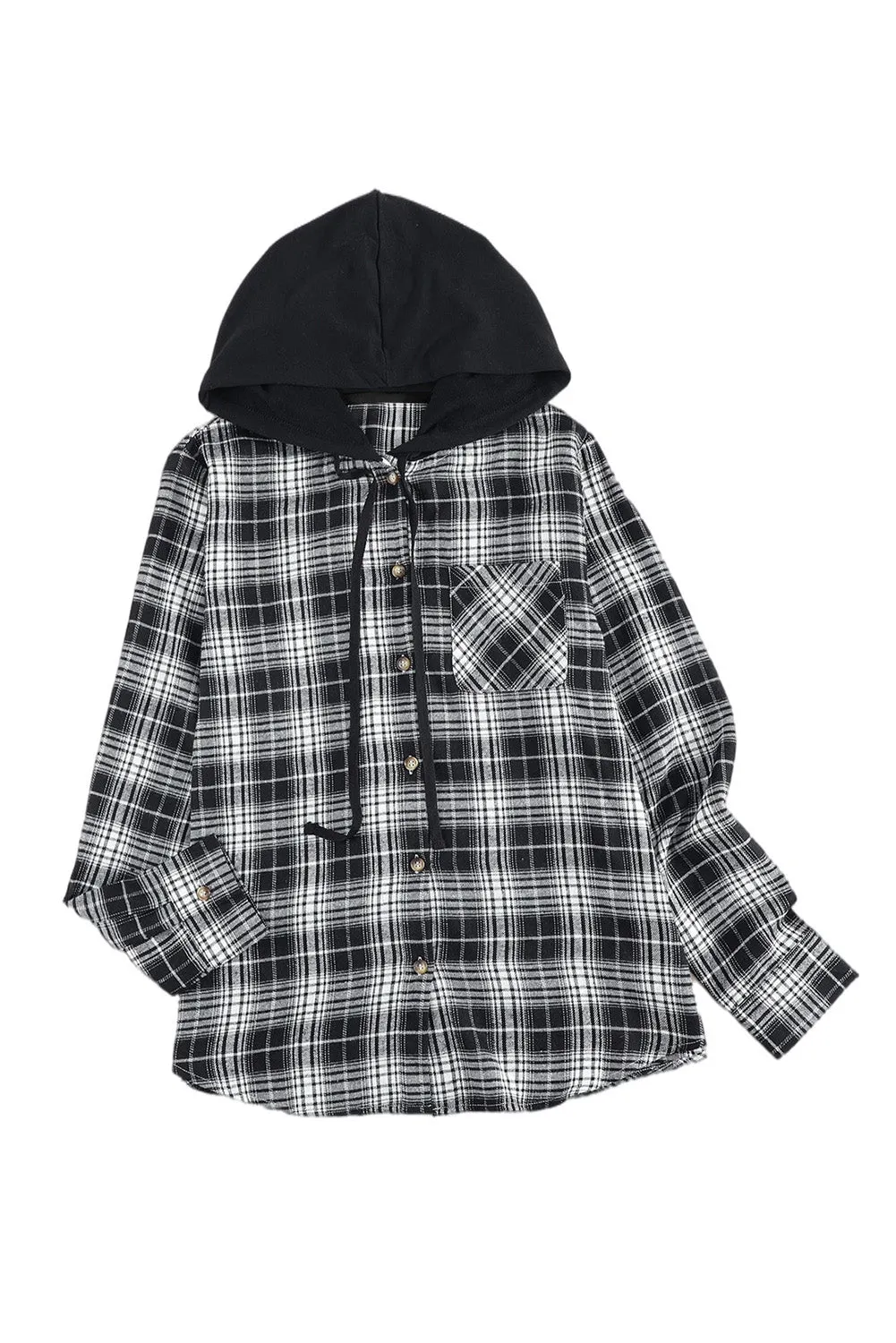 Drawstring Plaid Hooded Shacket