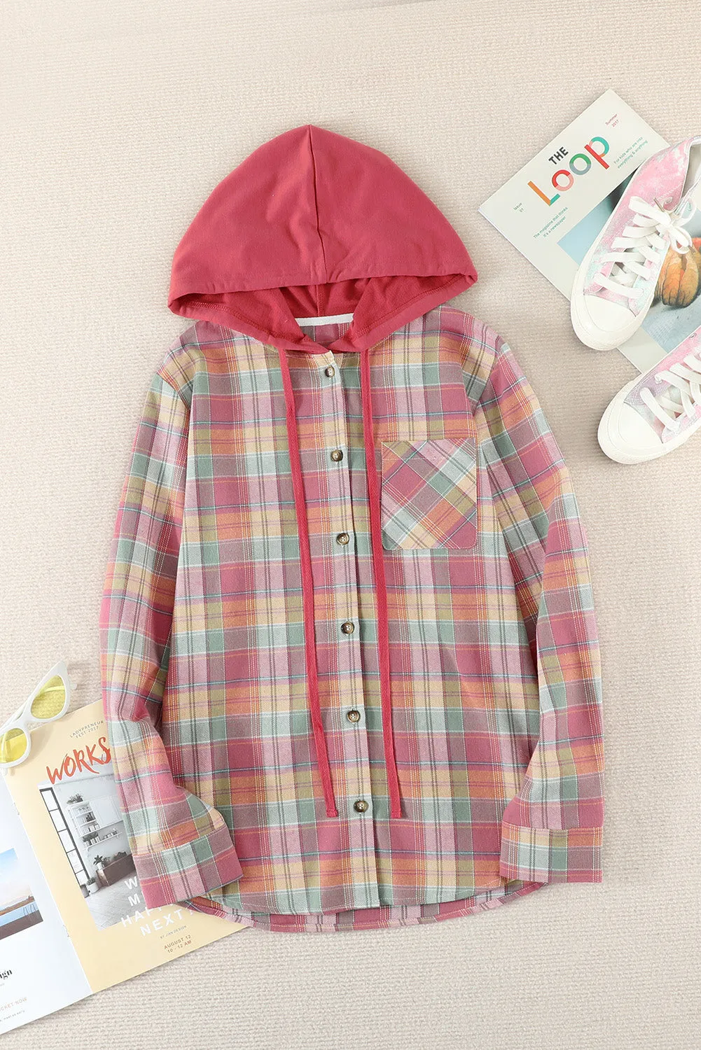 Drawstring Plaid Hooded Shacket