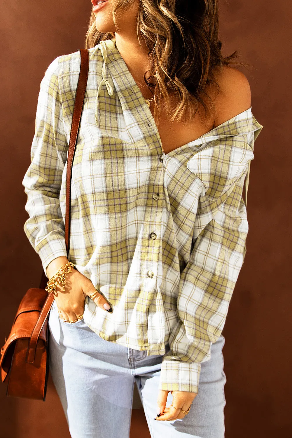 Drawstring Plaid Hooded Shacket