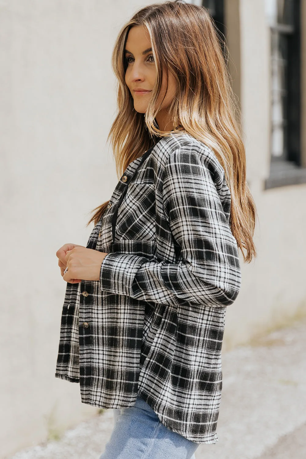 Drawstring Plaid Hooded Shacket