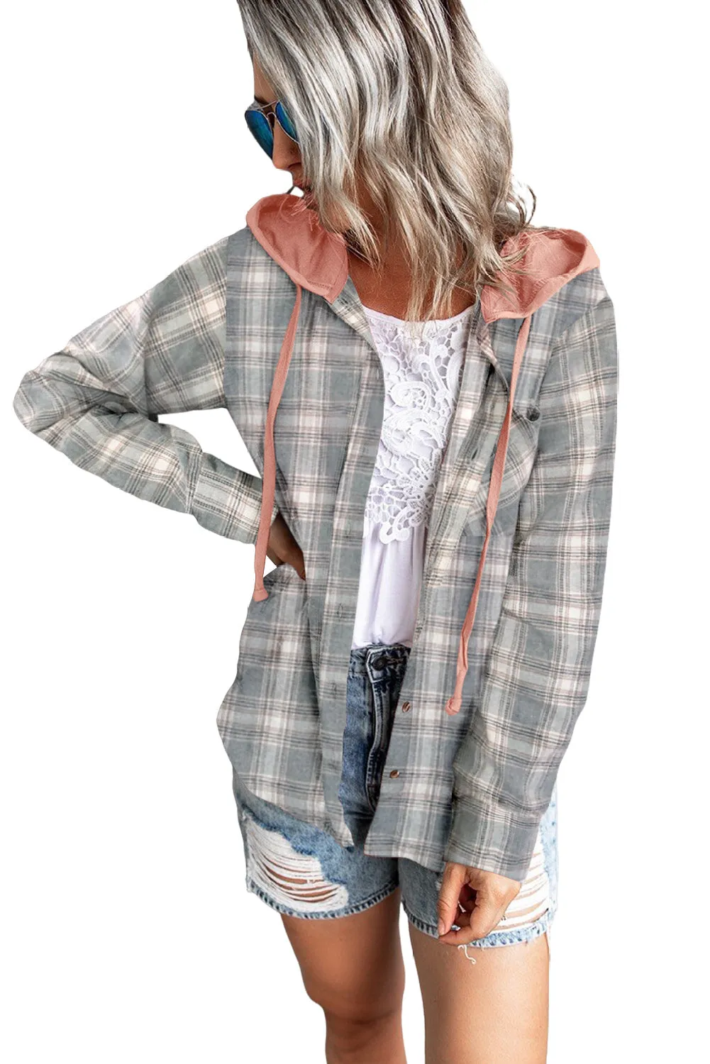 Drawstring Plaid Hooded Shacket