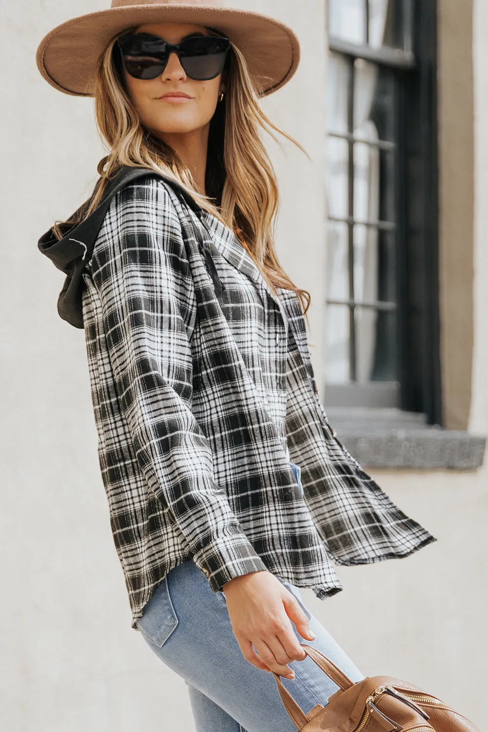 Drawstring Plaid Hooded Shacket