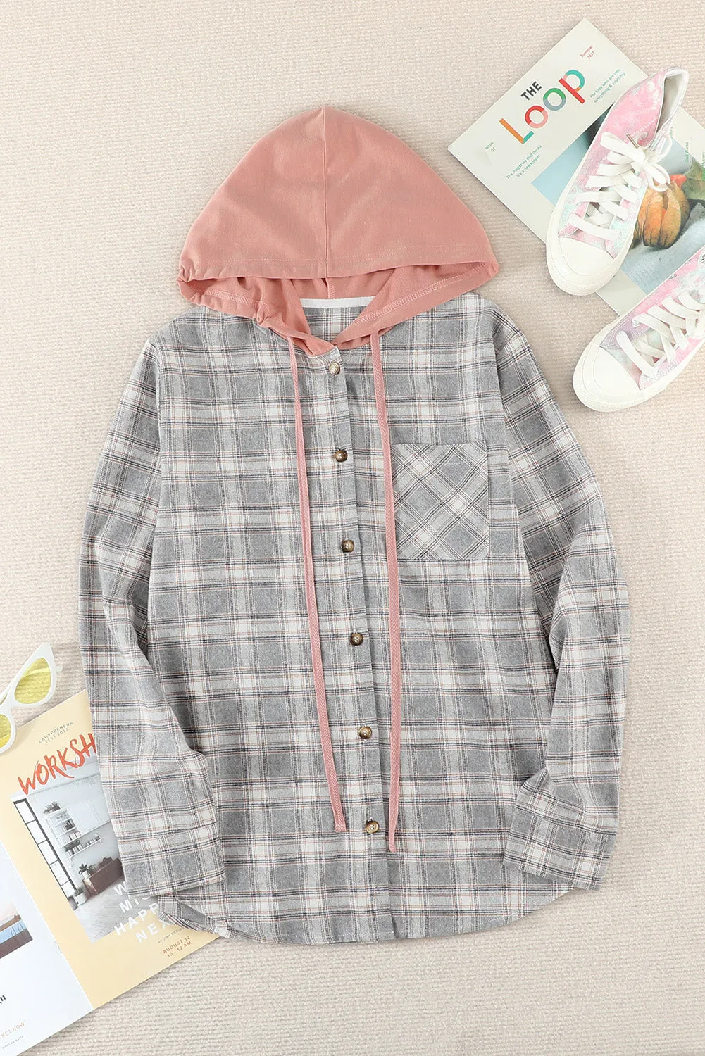 Drawstring Plaid Hooded Shacket