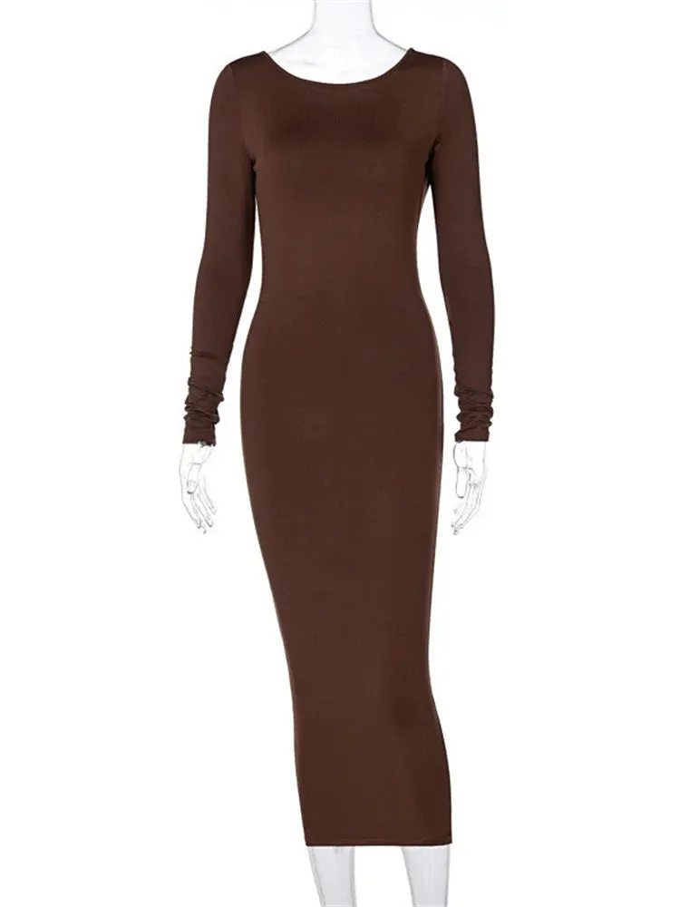 DressBetty - 2024 Elegant Backless Brown Long Sleeve Midi Bodycon Dress