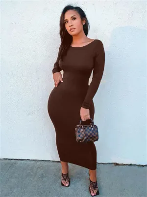 DressBetty - 2024 Elegant Backless Brown Long Sleeve Midi Bodycon Dress