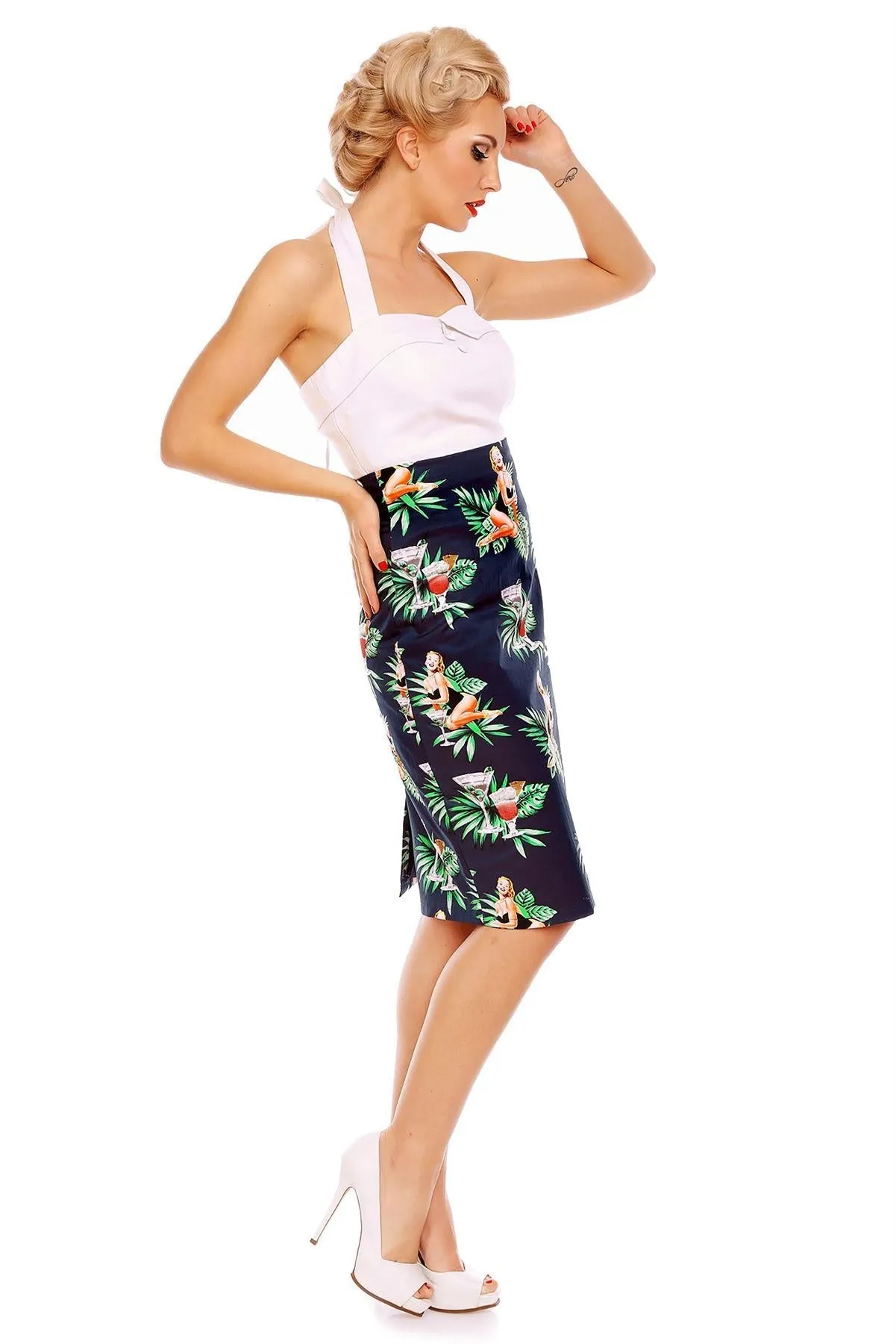 Falda Chic Pencil Skirt in Navy Blue Pinup Print