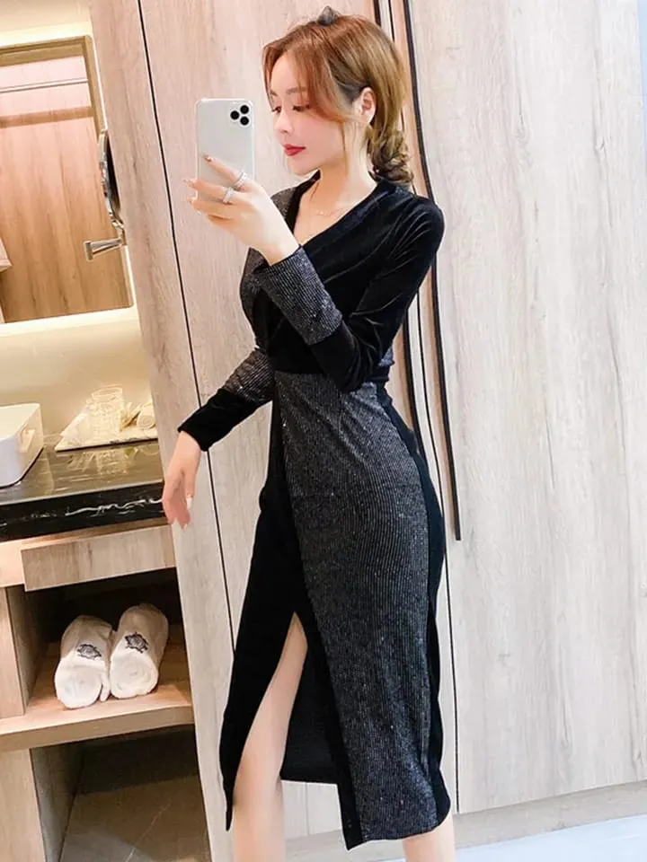 Fashion Autumn Velvet Sexy Maxi Dress Long Sleeve Split Party Gown M B-31665