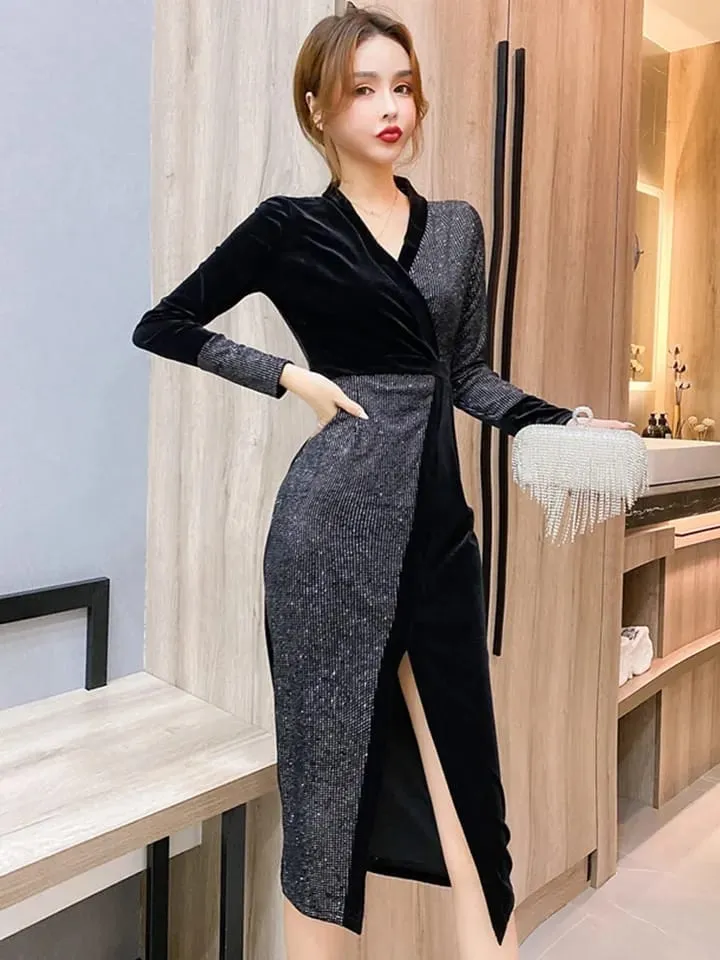 Fashion Autumn Velvet Sexy Maxi Dress Long Sleeve Split Party Gown M B-31665