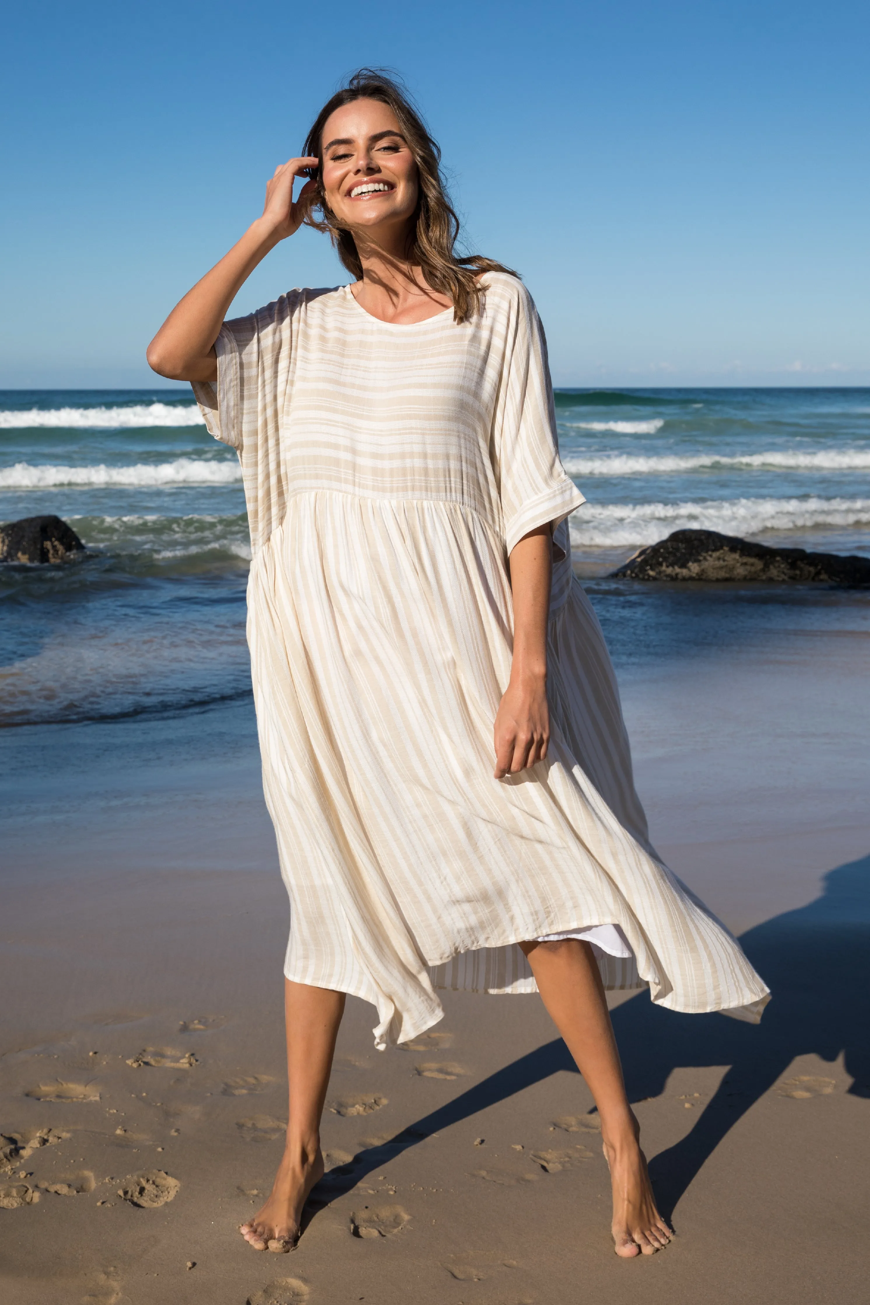 FINAL SALE Beachy Dress in Beige Stripe