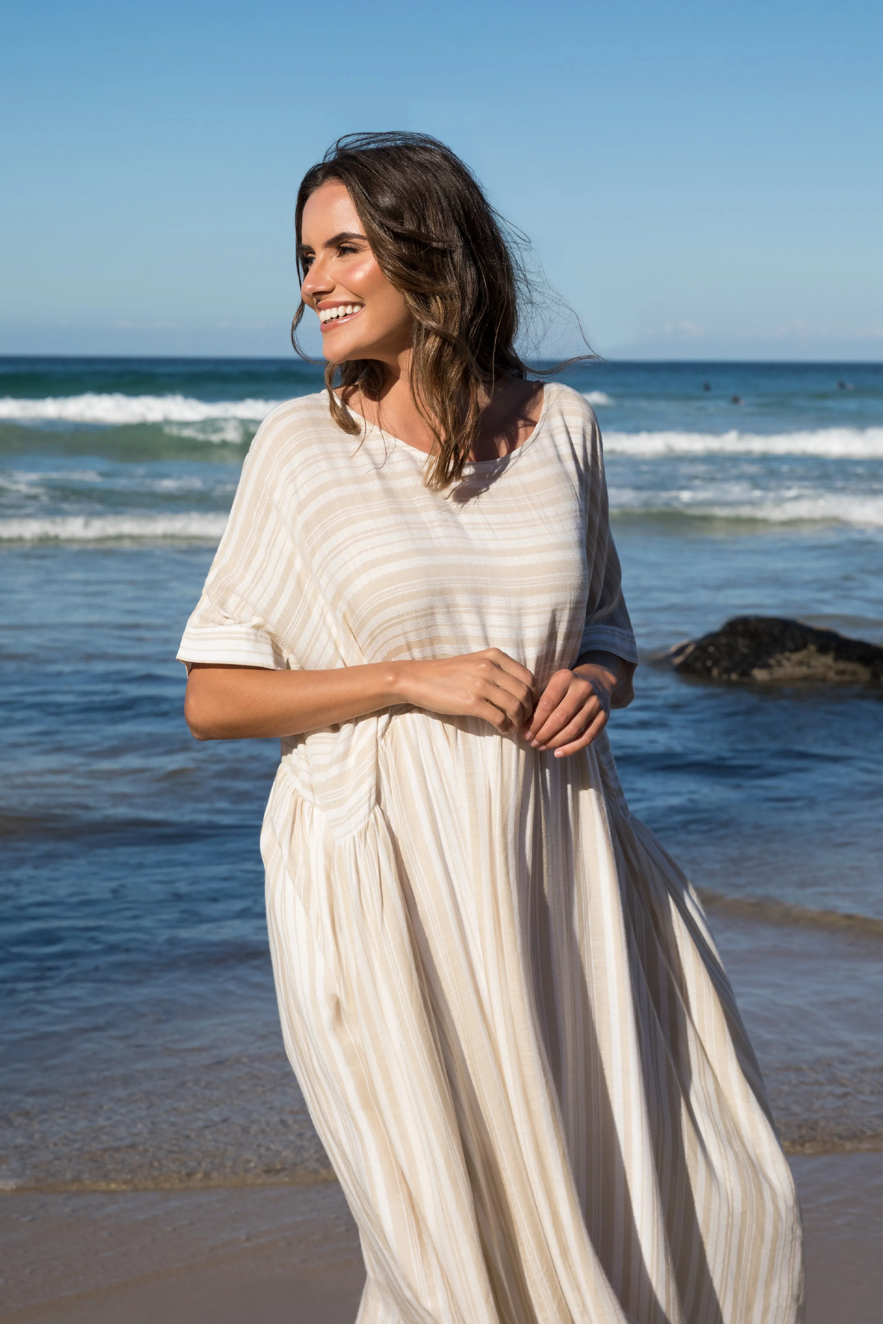 FINAL SALE Beachy Dress in Beige Stripe