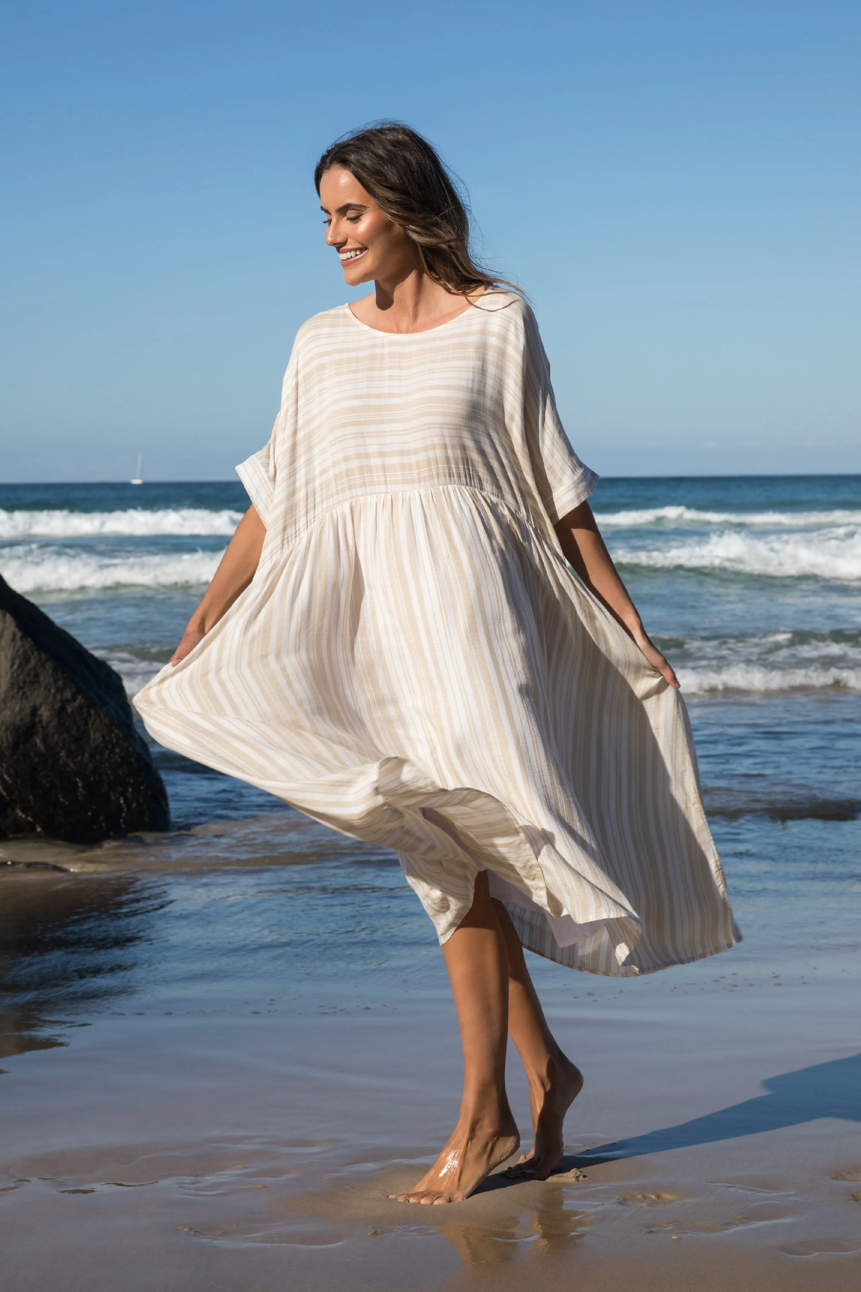 FINAL SALE Beachy Dress in Beige Stripe