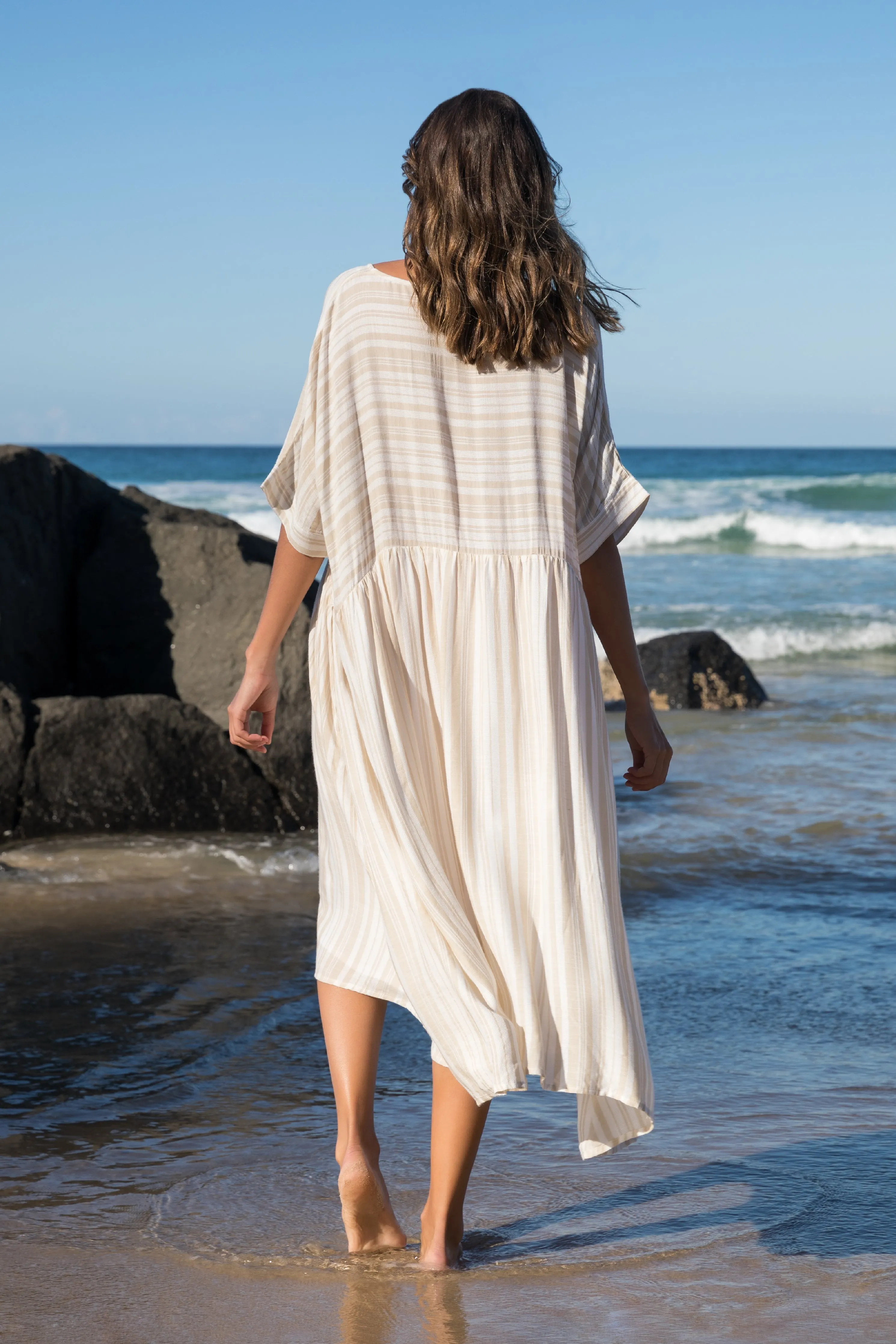 FINAL SALE Beachy Dress in Beige Stripe