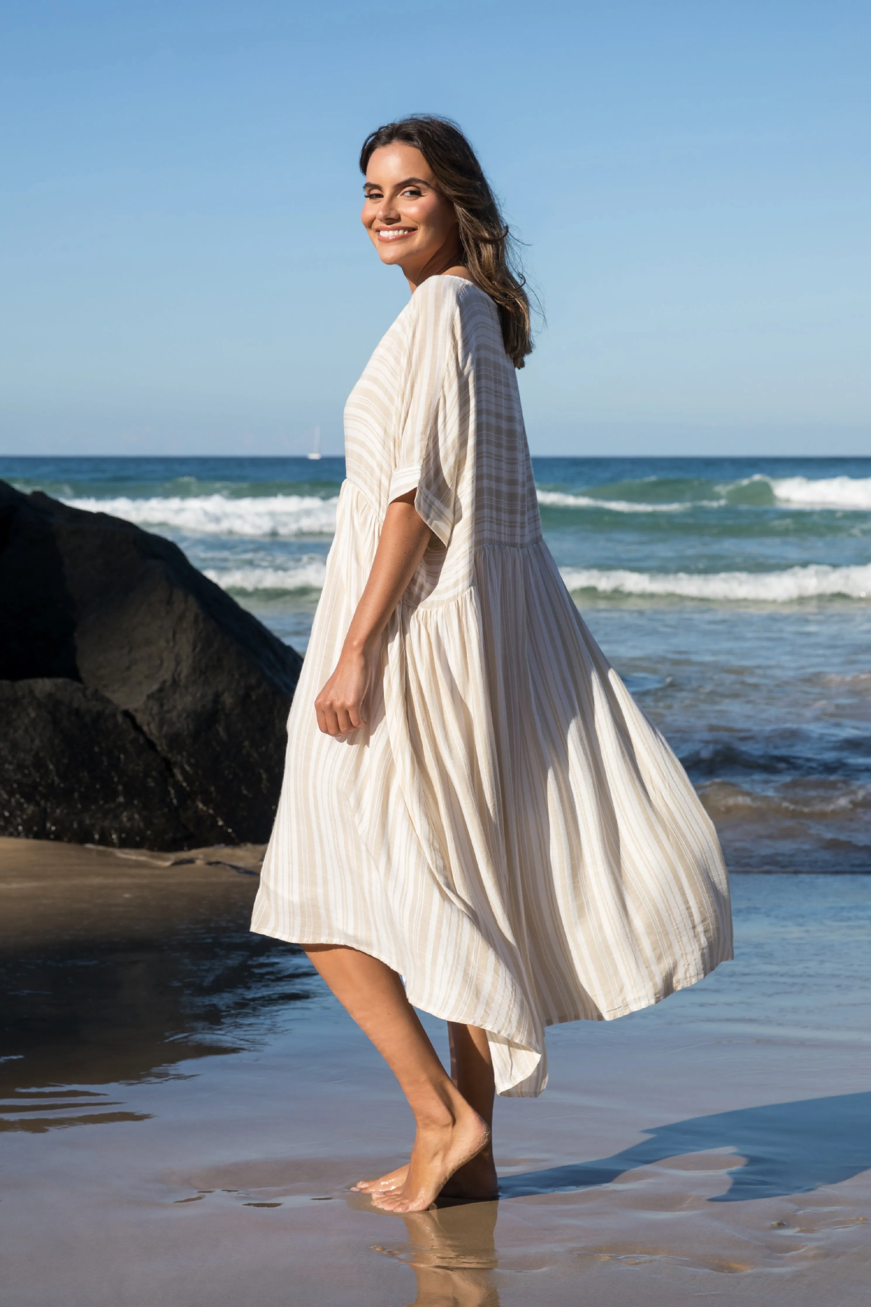 FINAL SALE Beachy Dress in Beige Stripe