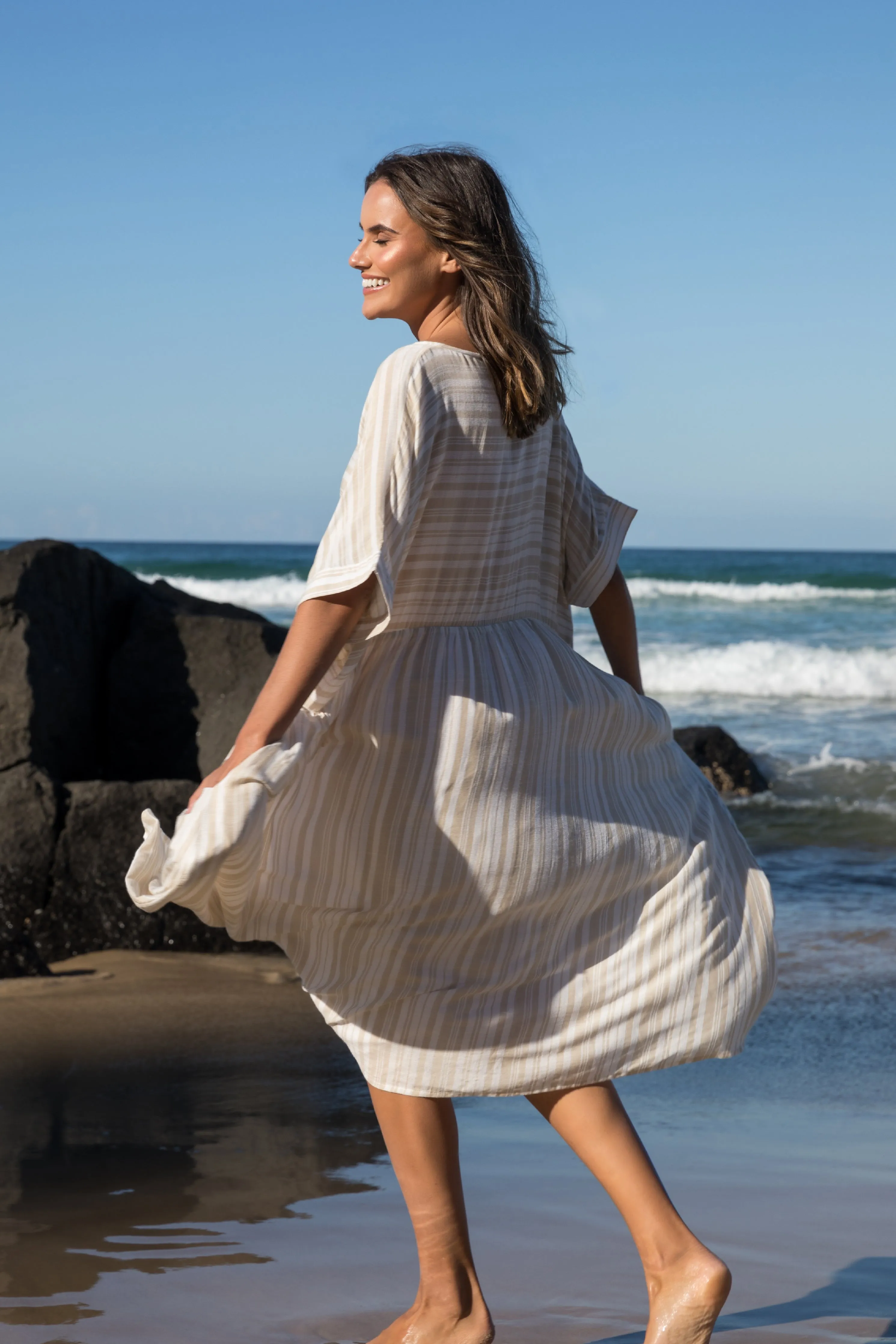 FINAL SALE Beachy Dress in Beige Stripe