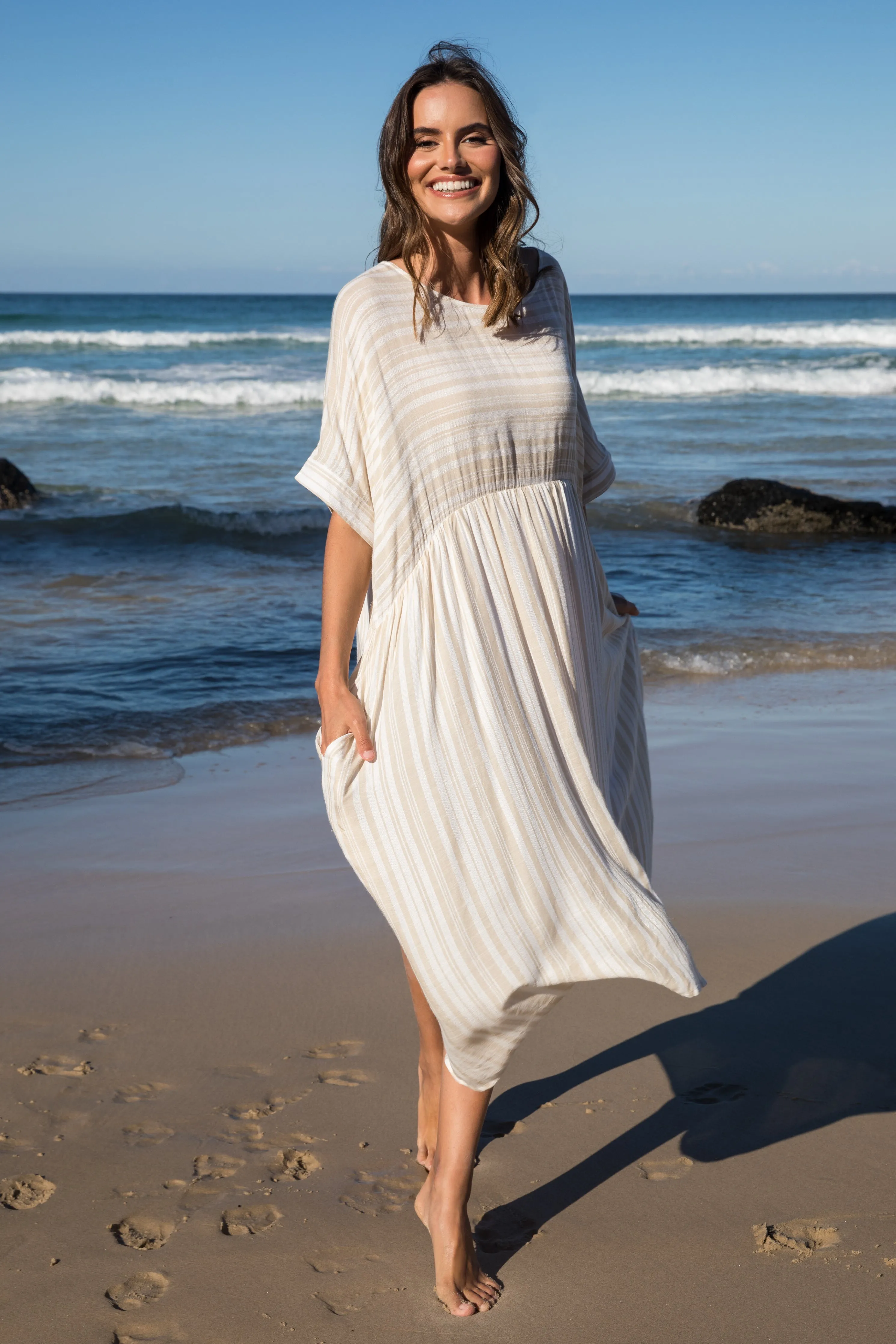 FINAL SALE Beachy Dress in Beige Stripe