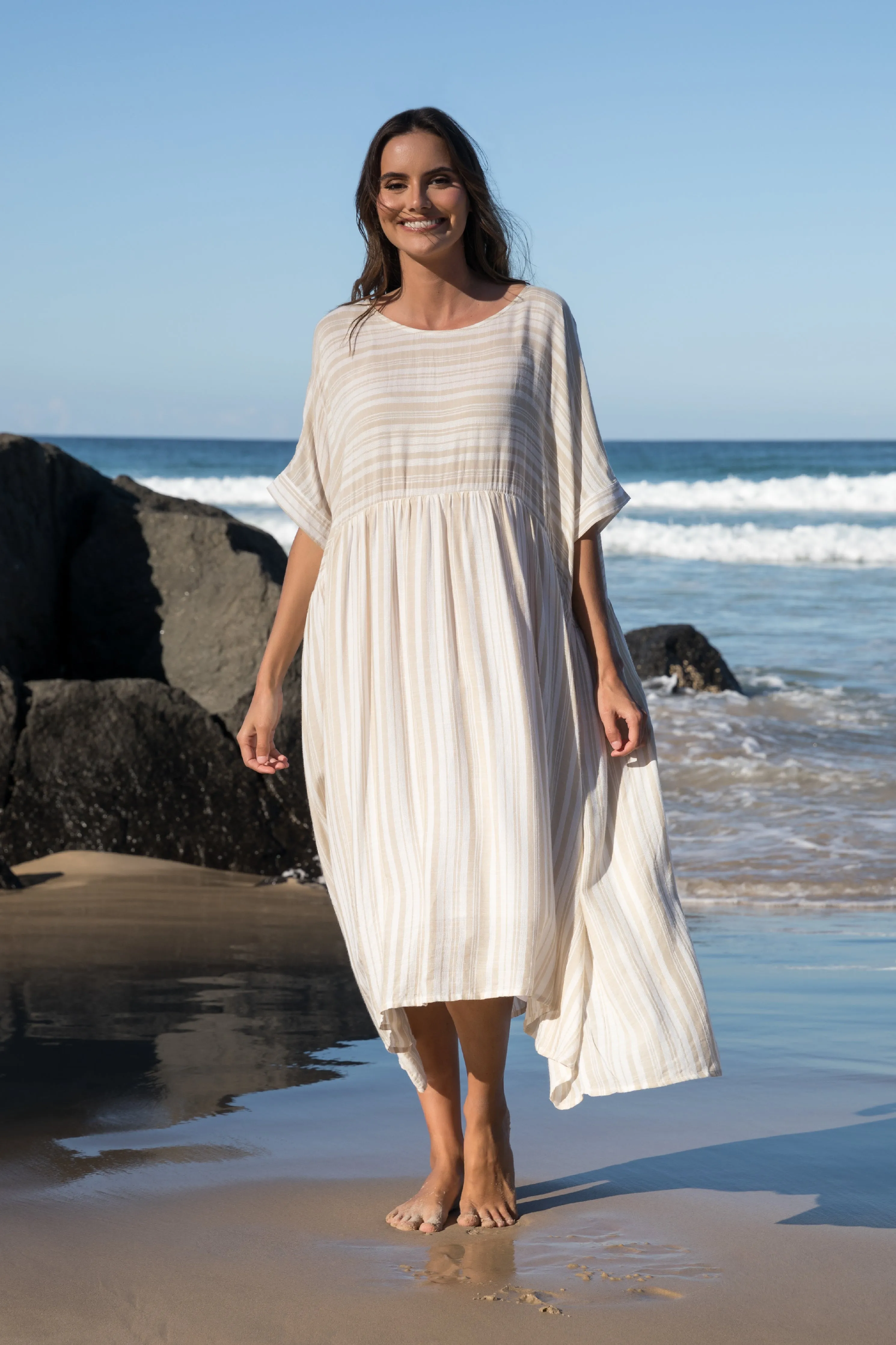 FINAL SALE Beachy Dress in Beige Stripe