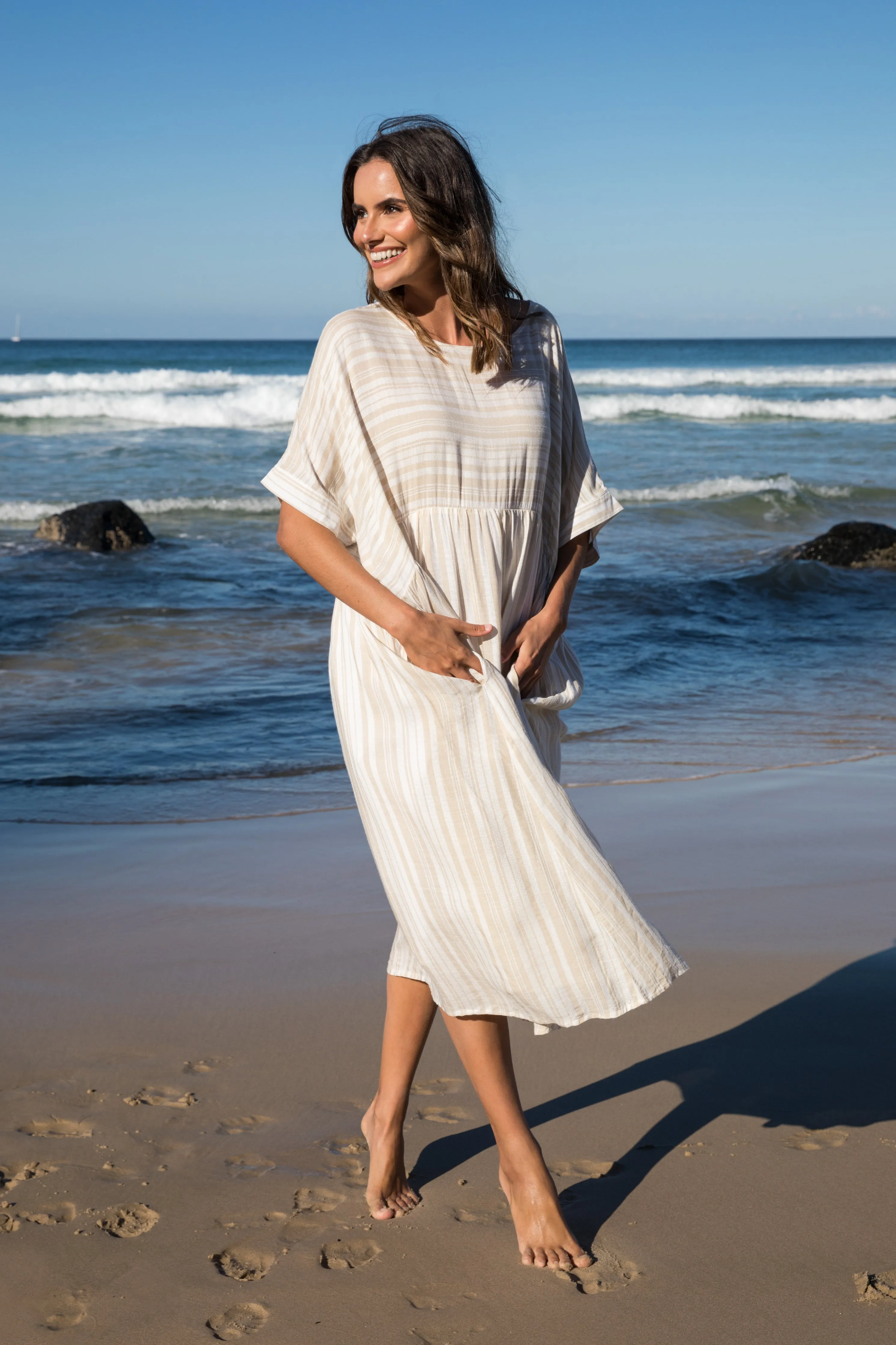 FINAL SALE Beachy Dress in Beige Stripe