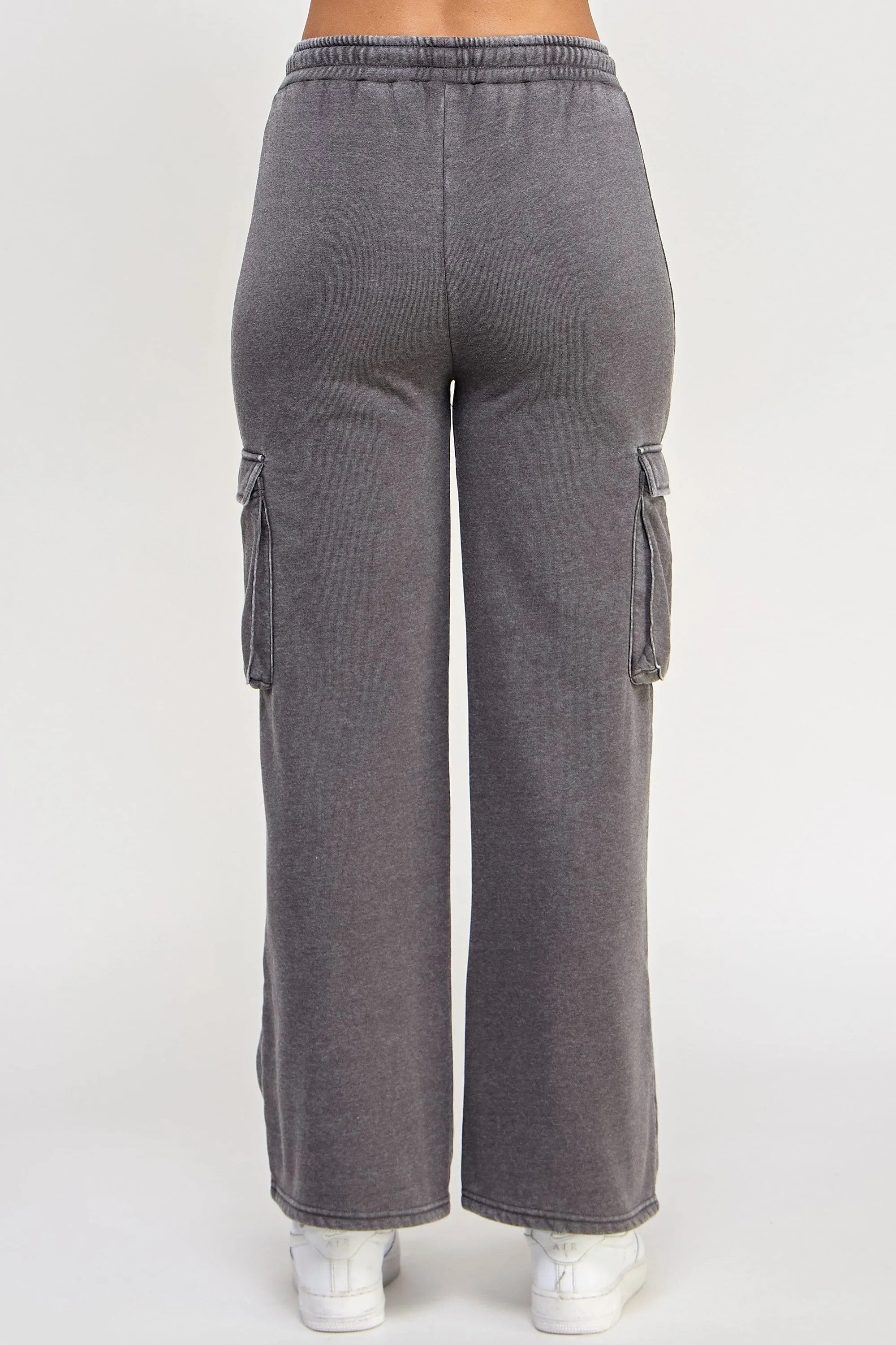 Fleece Burnout Wide Leg Cargo Joggers W/ Pockets