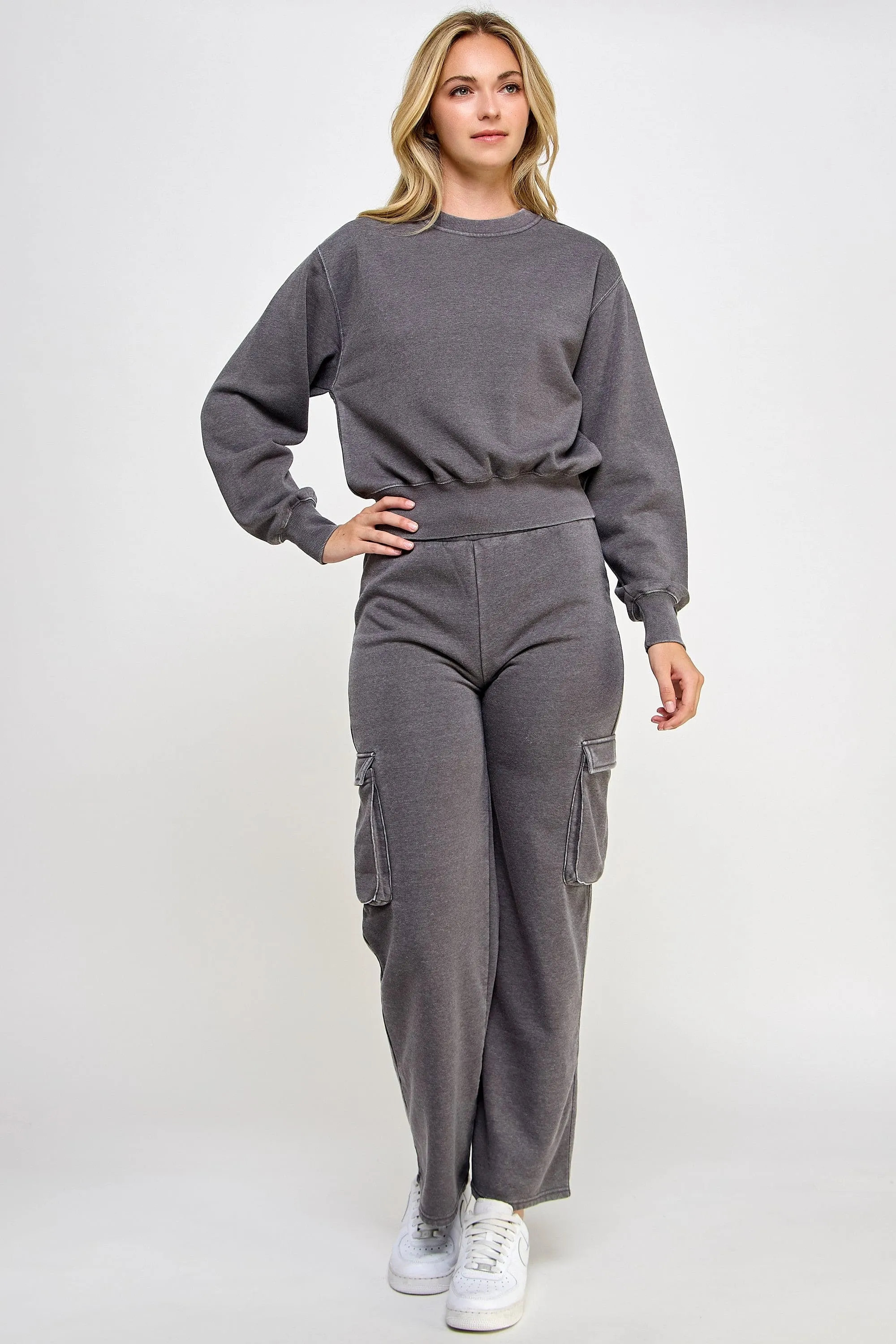 Fleece Burnout Wide Leg Cargo Joggers W/ Pockets