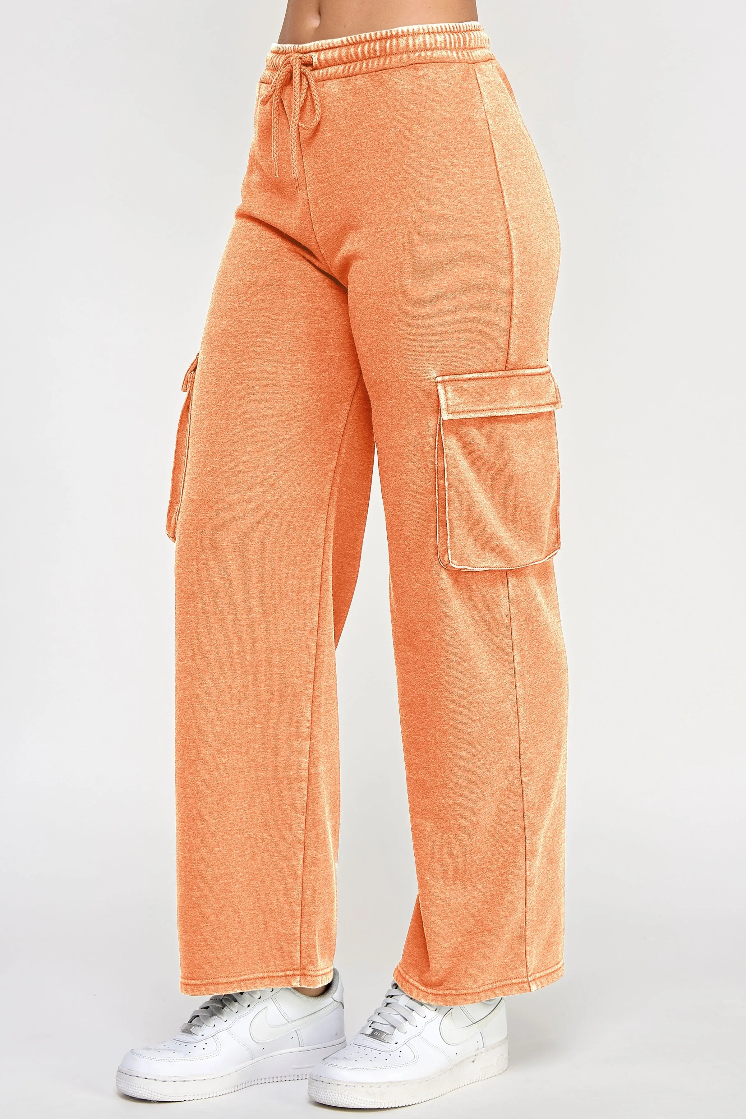 Fleece Burnout Wide Leg Cargo Joggers W/ Pockets