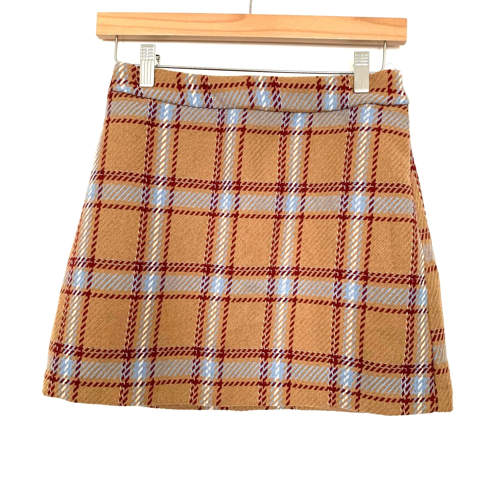 Forever 21 Tan Maroon Blue White Plaid Mini Skirt - Size S