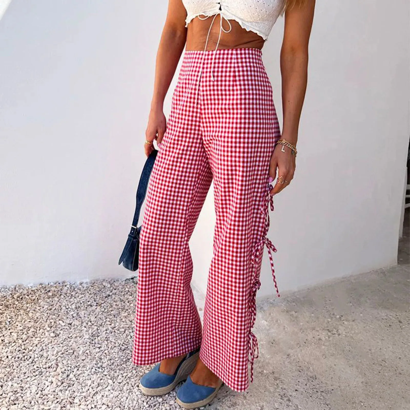 Girlary Women's Y2K Vintage Wide-Leg Long Pants Plaid Side Tie-Up Hollow-Out Loose Trousers Spring Summer Sweatpants Trousers