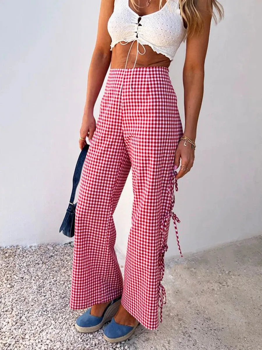 Girlary Women's Y2K Vintage Wide-Leg Long Pants Plaid Side Tie-Up Hollow-Out Loose Trousers Spring Summer Sweatpants Trousers