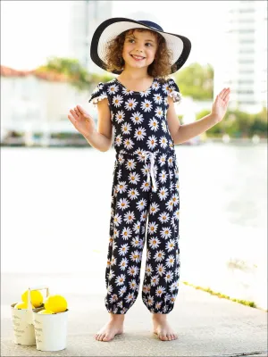 Girls Black Daisy Print Pom Pom Cap Sleeve Ribbon Bow Jumpsuit