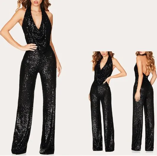 Glitter Sequins Cowl Neck Plunge Jumpsuit