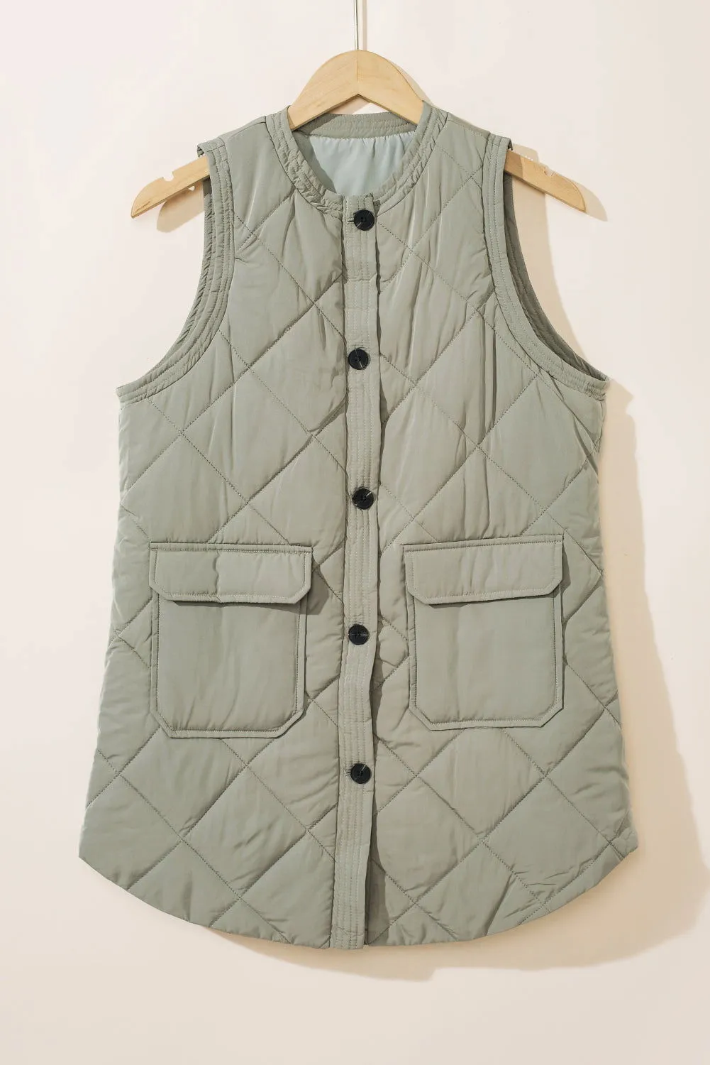 Grass Green Thermal Quilted Pockets Vest Coat