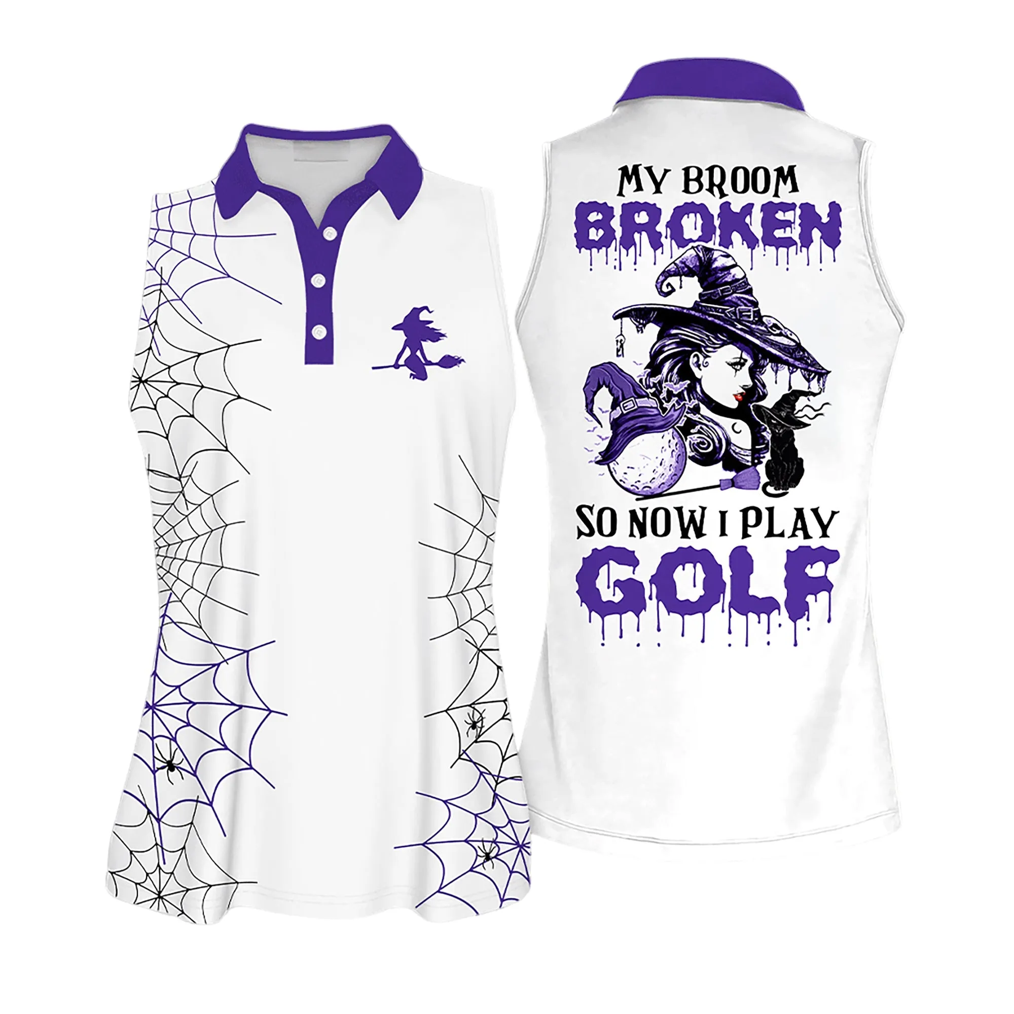 Halloween My Broom Broke Purple Sleeveless Polo Shirt Short Sleeve Long Sleeve Golf Polo Shirt