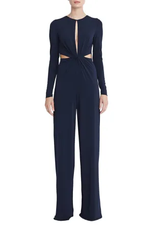 Halston Crew Neck Long Sleeve Keyhole Crossed Front Waist Cutout Solid Jersey Jumpsuit