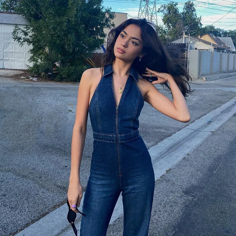 Halterneck Bootcut Stretchy Denim Jumpsuit