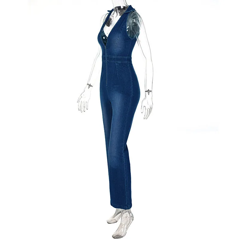 Halterneck Bootcut Stretchy Denim Jumpsuit