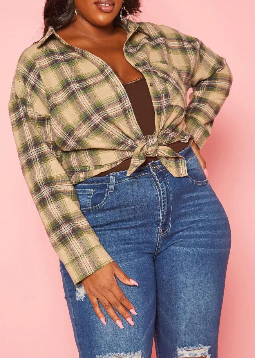 Hi Curvy Plus Size Women Plaid Print Collar Shacket Long Sleeves