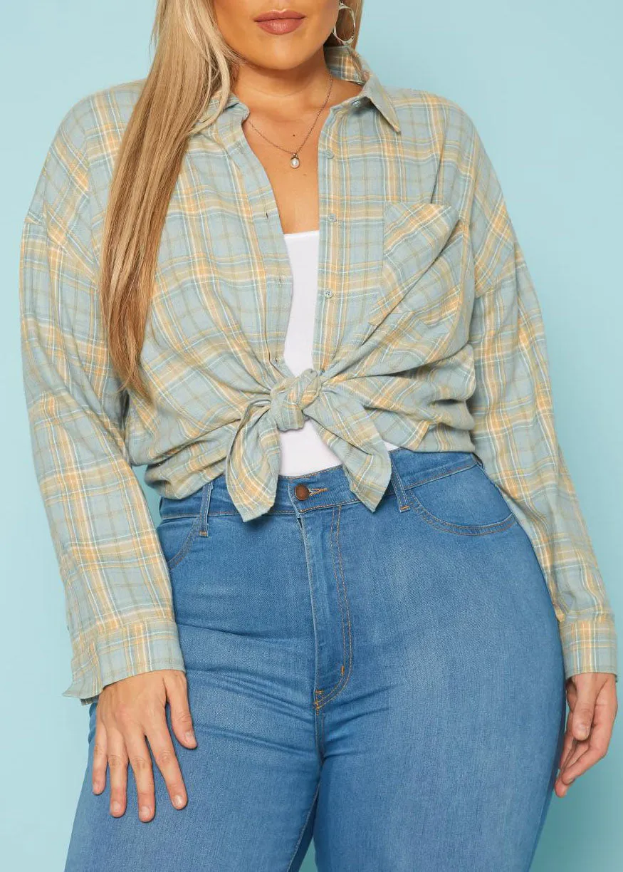 Hi Curvy Plus Size Women Plaid Print Collar Shacket Long Sleeves