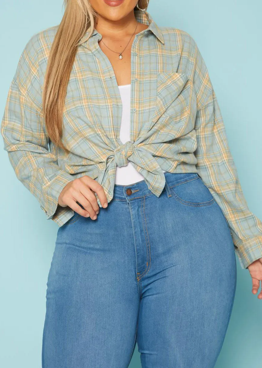 Hi Curvy Plus Size Women Plaid Print Collar Shacket Long Sleeves