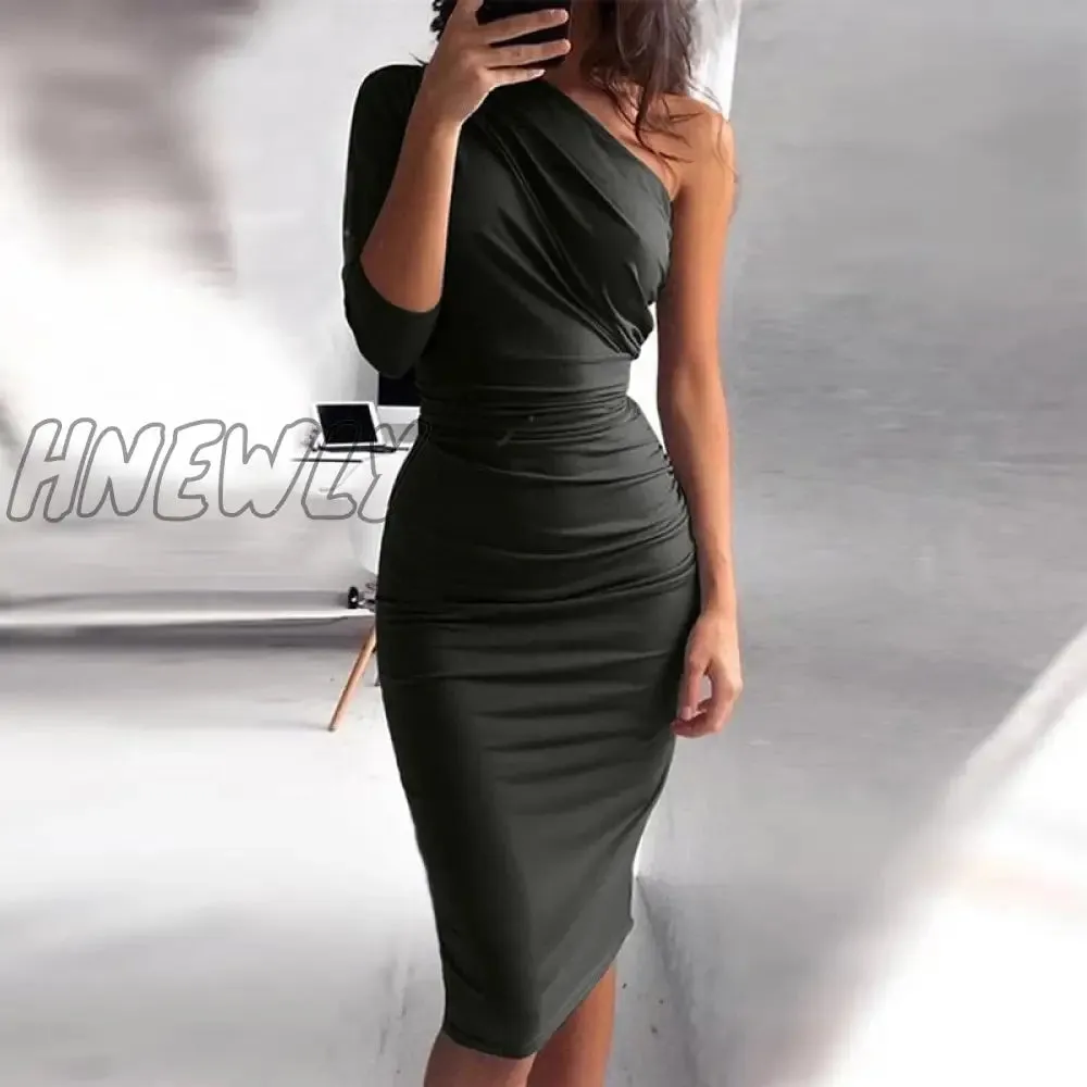 Hnewly New Sexy One Shoulder Bodycon Party Dresses Elegant Women Casual Midi Sheath Slim Bodycon Dress Package Hip Midi Dress