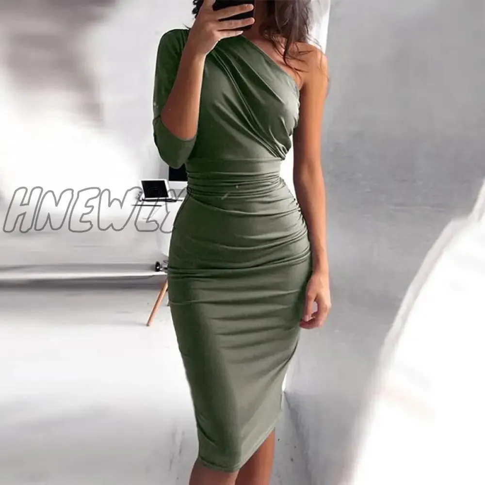 Hnewly New Sexy One Shoulder Bodycon Party Dresses Elegant Women Casual Midi Sheath Slim Bodycon Dress Package Hip Midi Dress