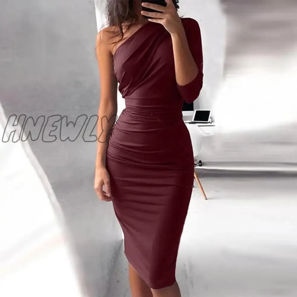 Hnewly New Sexy One Shoulder Bodycon Party Dresses Elegant Women Casual Midi Sheath Slim Bodycon Dress Package Hip Midi Dress