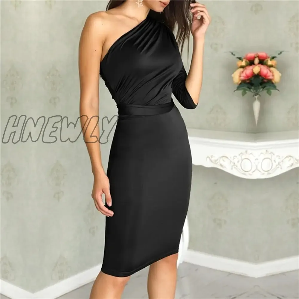 Hnewly New Sexy One Shoulder Bodycon Party Dresses Elegant Women Casual Midi Sheath Slim Bodycon Dress Package Hip Midi Dress