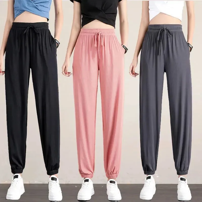 Hot Women's Wide Leg Pants Ice Silk Sweatpants Loose Bunched Feet Loose Leggings Thin Casual Sanitary Elastic Slacks Pants