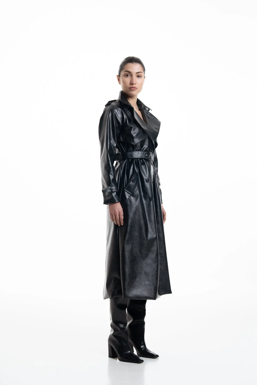 JET BLACK FAUX LEATHER TRENCH COAT