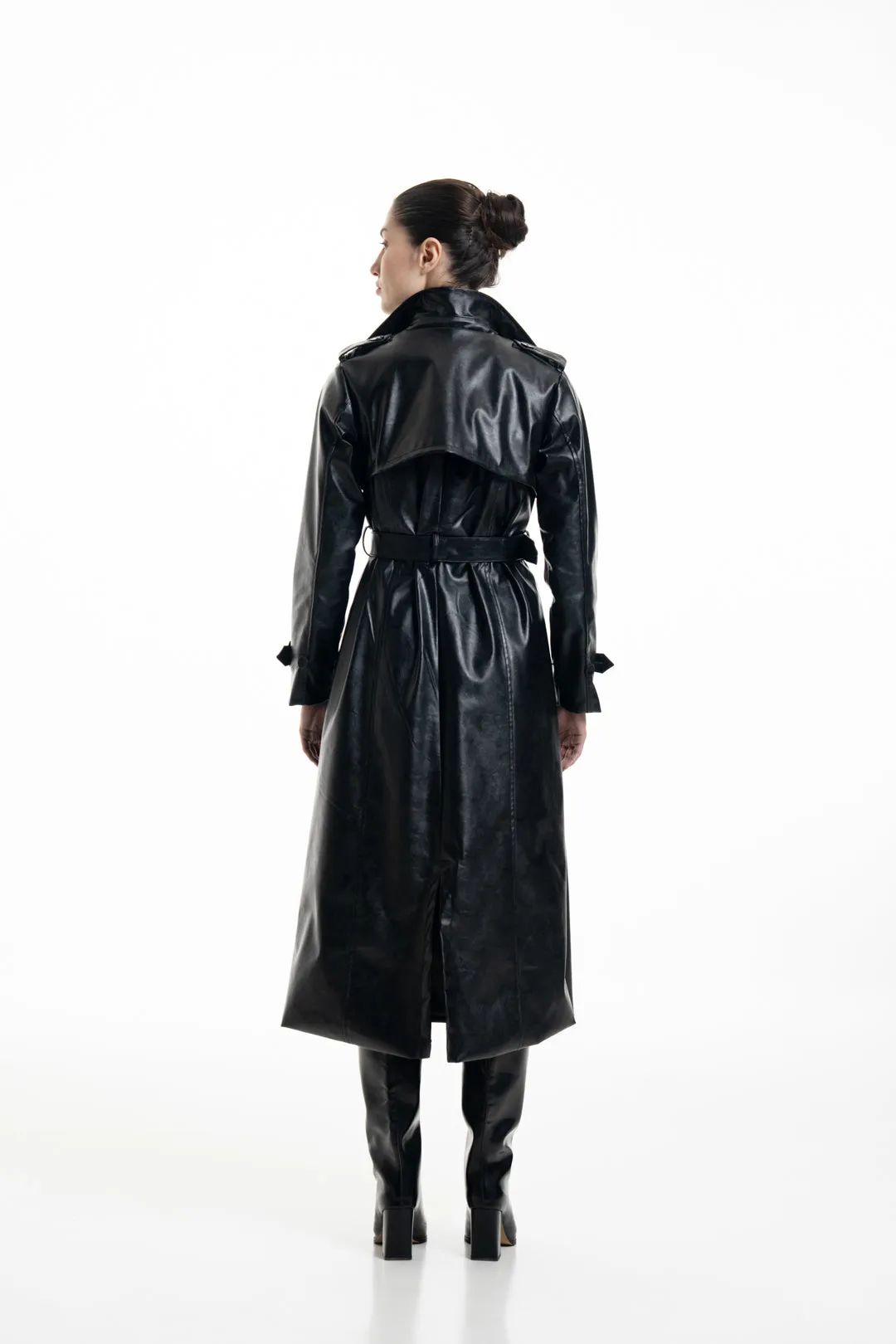 JET BLACK FAUX LEATHER TRENCH COAT