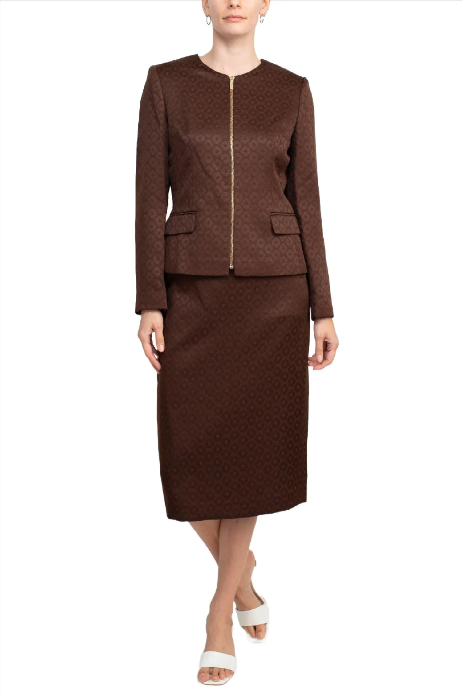 John Meyer Collection Crew Neck Long Sleeve Zipper Front Pencil Skirt Slit Back Jacquard Skirt Set