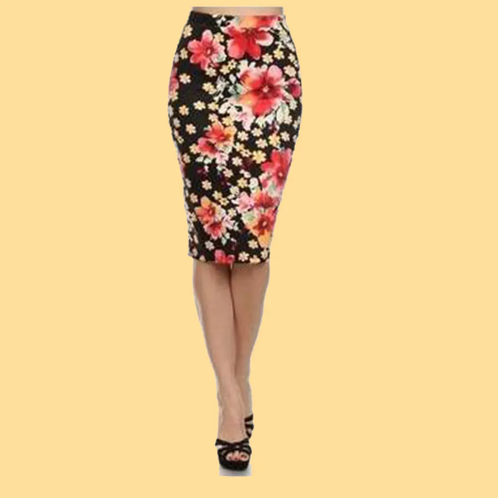 Kinny & Howie Tiki Tropical Viva Las Vegas Floral Print Plus Sizes Pencil Skirt