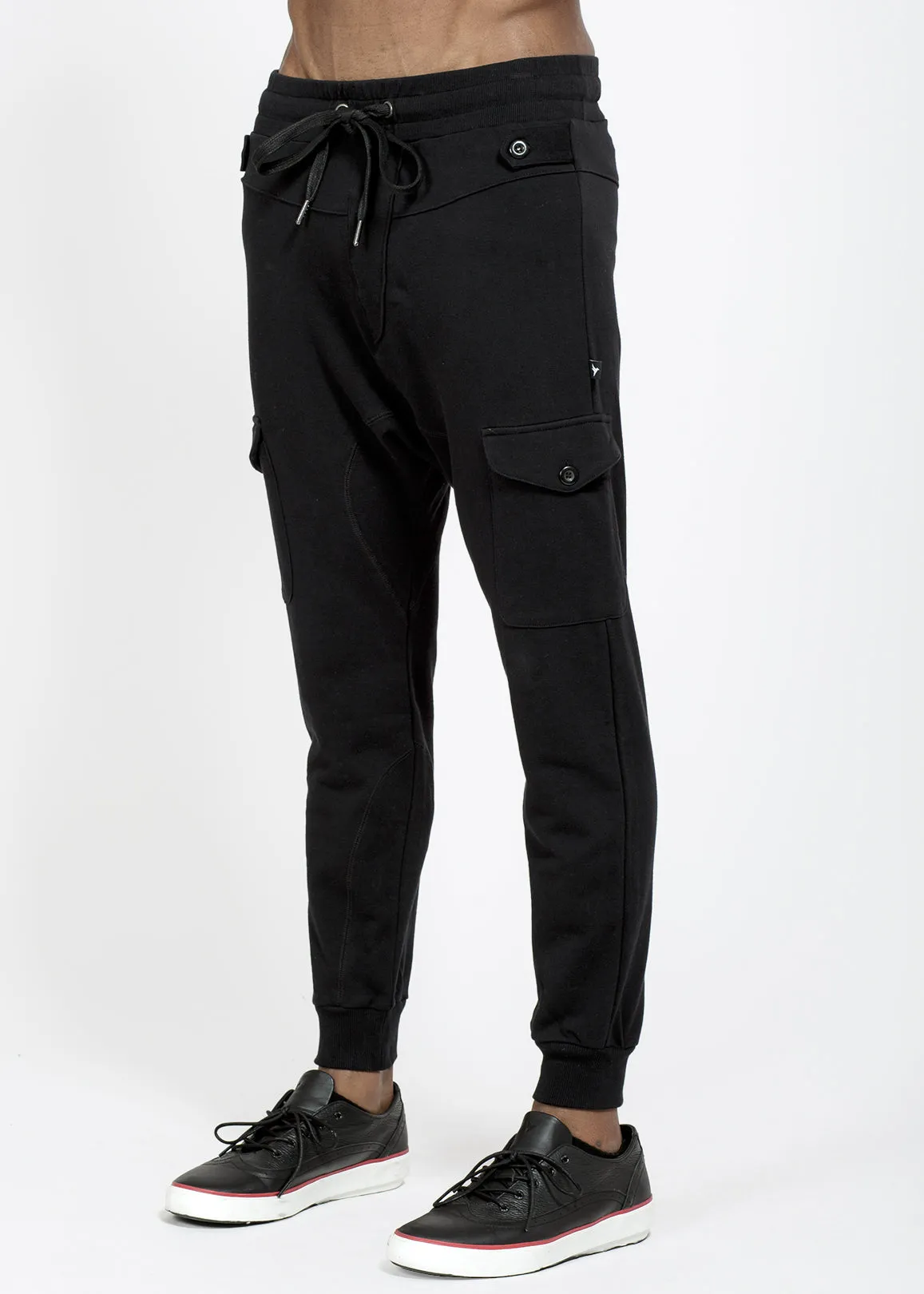 Konus Men's Drop Crotch Cargo Pockets Sweatpants in Black