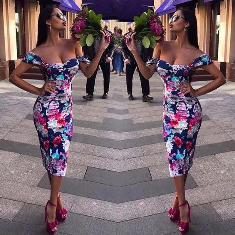 Ladies floral off the shoulder bodycon midi dress