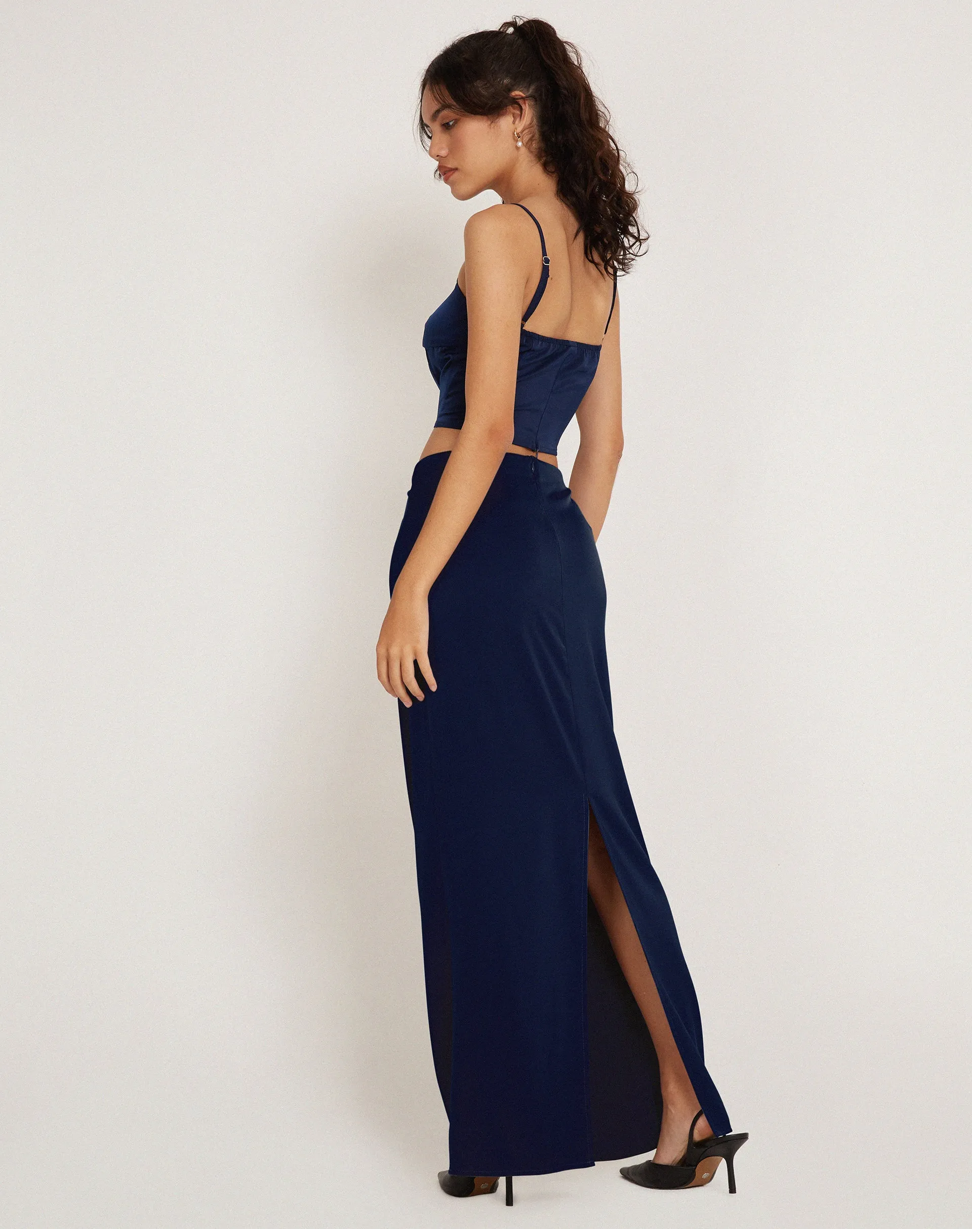 Layla Maxi Skirt in Satin Midnight Navy Blue