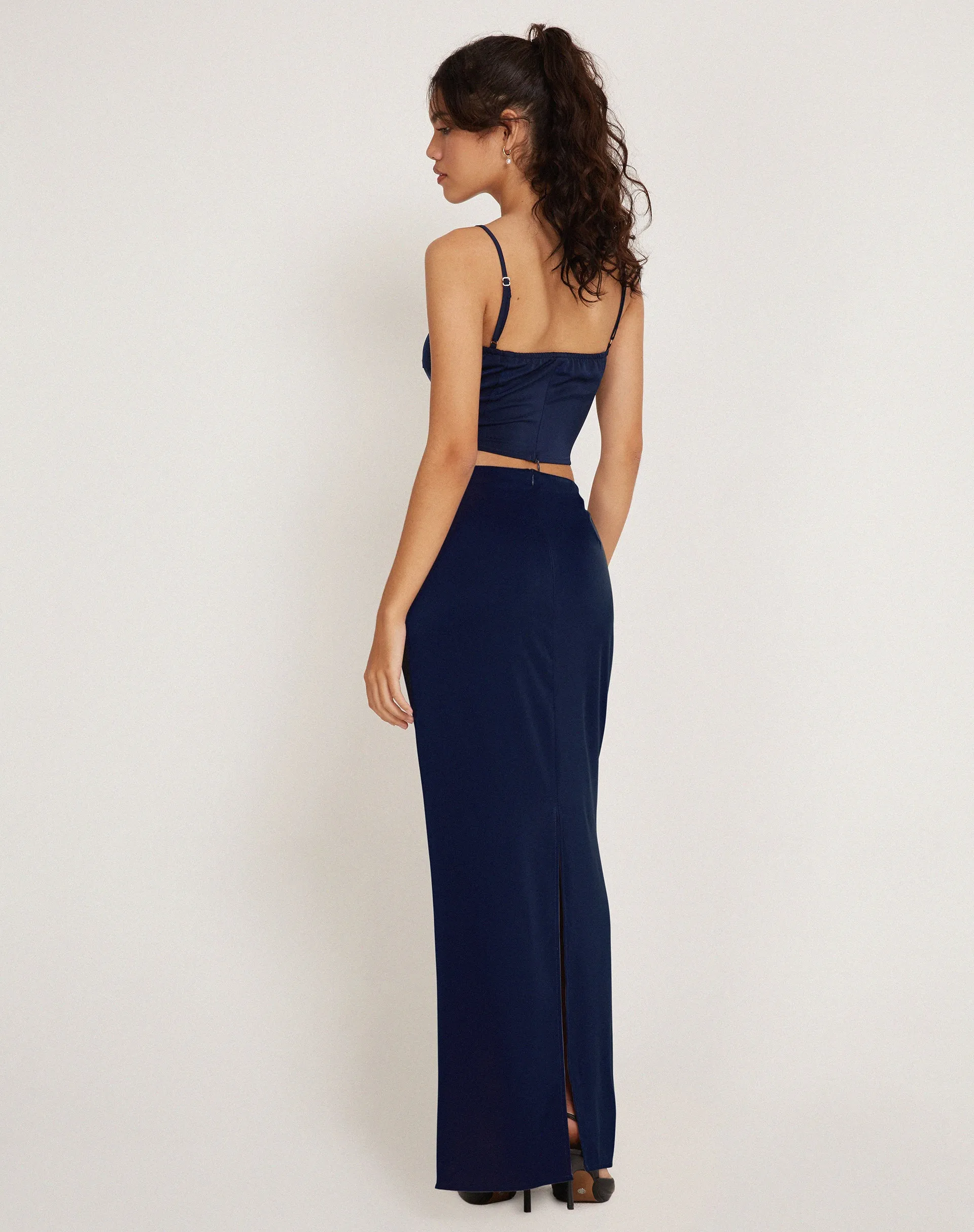 Layla Maxi Skirt in Satin Midnight Navy Blue